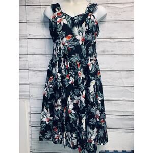 Vtg Hawaiian Tropical Parrot Cockateel Hibiscus Print Sun Dress XL Pocket Black